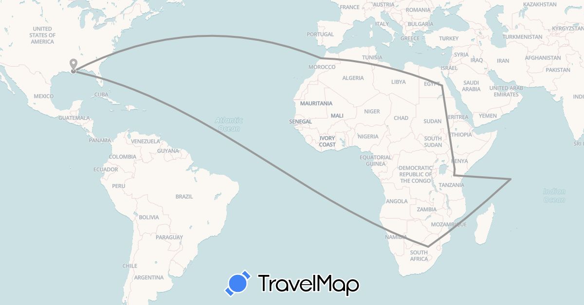TravelMap itinerary: plane in Egypt, Kenya, Morocco, Seychelles, Tanzania, United States, South Africa (Africa, North America)